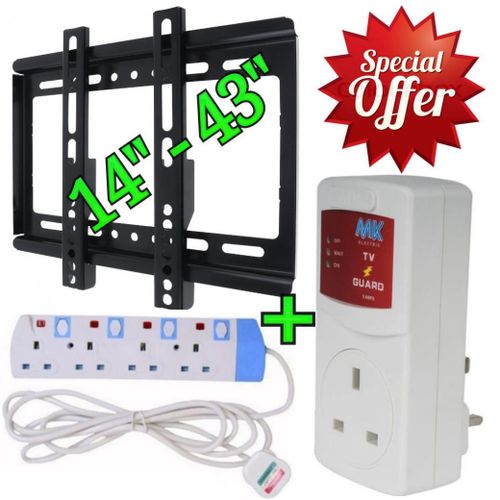 14,22,24,32,39,40,42 &43 Inch TV Wall Mounting Bracket +Electronic TV Guard +4 Way Power Extension.