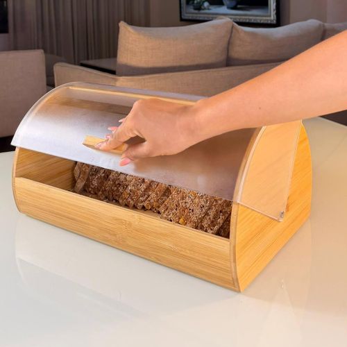 Natural Bamboo Bread Box Food Container Bin For Kitchen Countertop Storage Organizer With Frosted Roll Top Lid