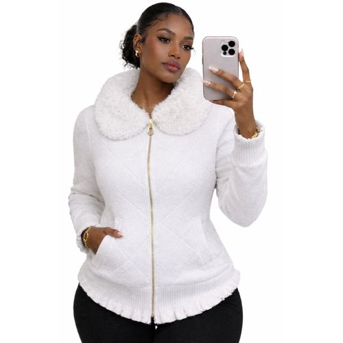 Women's Cocoa Luxe Quilted Fur Collar Zip Sweater Jacket - One Size Fits All.