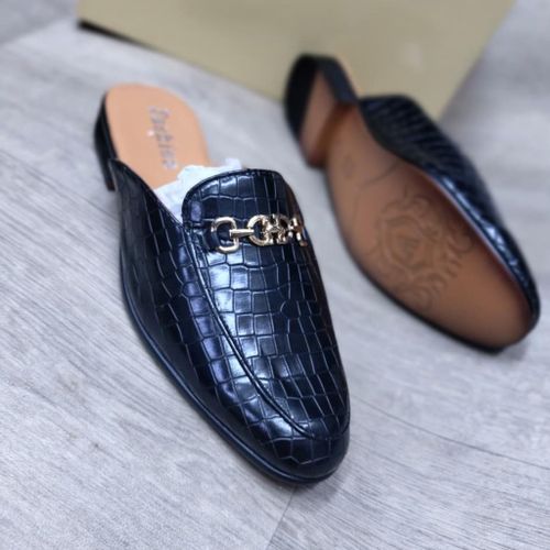 Croc-Embossed Men's Elegant Slip-On Mules Loafers with Chain Detail – Black