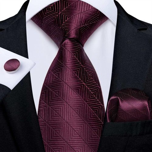 Wine Red Plaid Necktie With Cufflinks And Pocket Square