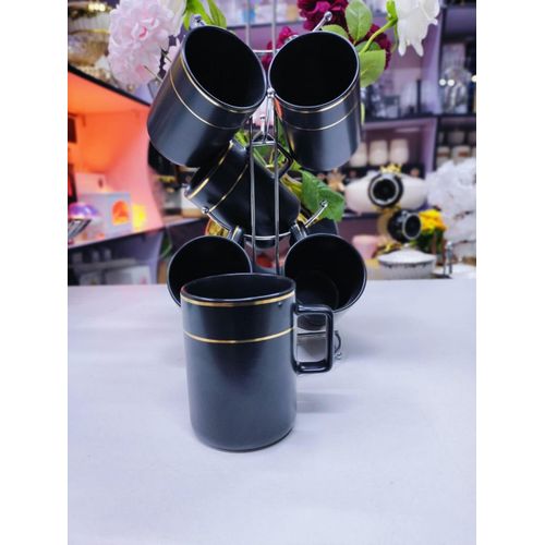 6 pc mug black ring gold