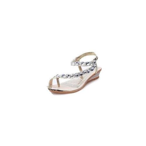 New Slope Heel Flat Bottom Sandals Clip Toe Rhinestone Sandals Silver-EU 37