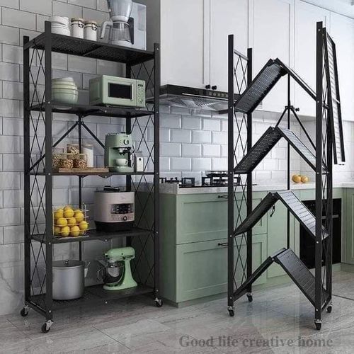 5-Tier Foldable Storage Shelf with Wheels, Heavy-Duty Metal Collapsible Shelving Unit, Rolling Storage Rack for Kitchen Pantry Garage Office, Pre-Assembled Organizer