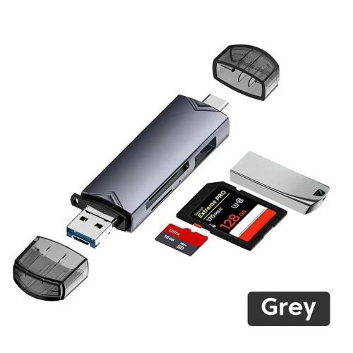 6 in 1 OTG Card Reader – USB, Lightning, and Type-C Ports for Fast Data Transfer Across iPhone, PC, and Tablets