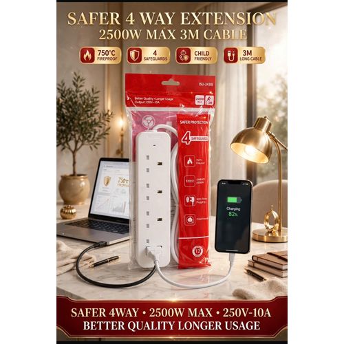 The 4-Way Extension 3M is designed to provide convenient access to multiple power outlets, allowing you to connect several compatible devices from a single power source.