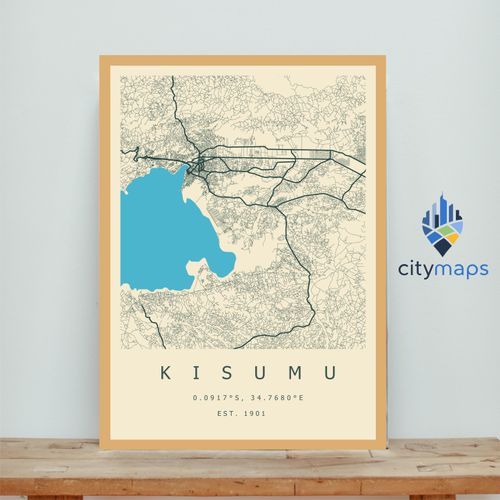 Kisumu City Map Print, Natural Wood Framed Wall Art, Vintage Cream & Blue Street Map, A4 / A3 / A2