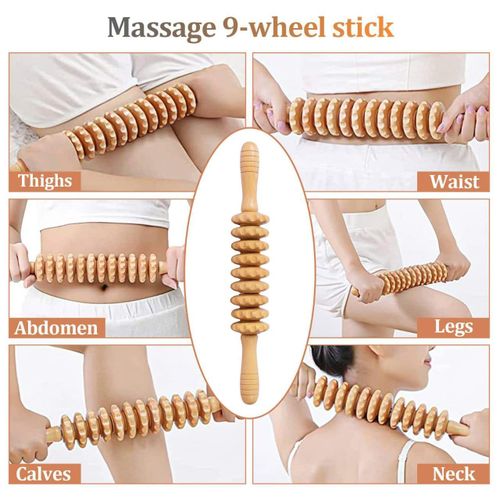 Wooden Massage Stick with 9 Wheels
