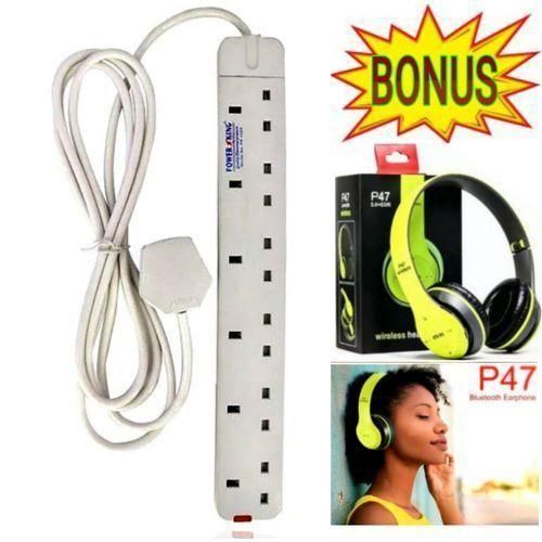 Power King King Electronic 6 Way Extension With Long Cable Socket + Free Gift Ladies Bluetooth Wireless Headphones