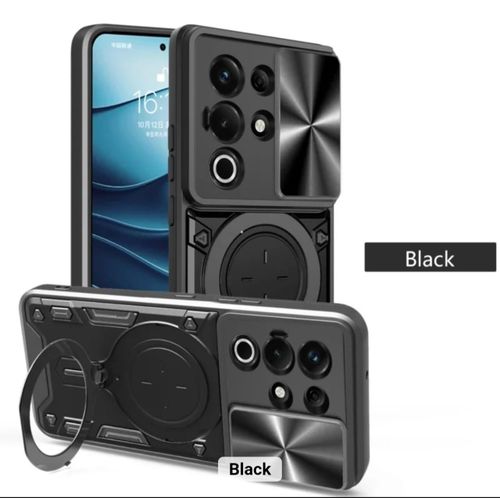 Military-Grade Rotating Ring Stand Case for itel S25 Ultra – Shockproof Dual-Layer Cover with Sliding Camera Protector (Black)