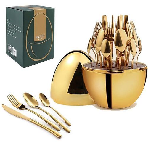36 PC Executive Egg Shaped Curtlery Set Gold colour, Package includes 9 Dinner Forks, 9 Table spoons, 9 Tea Spoons, 9 Butter Knives and 1 Egg Shaped case