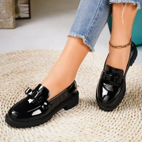 Women’s Patent Leather Loafers with Bow Detail & Chunky Sole – Black