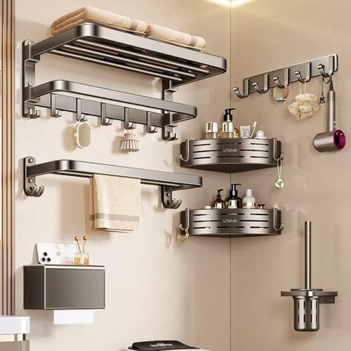 7pcs Multifunctional Aluminum Bath Towel Storage Rack Set Bathroom Storage Rack