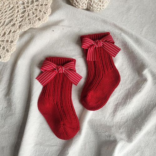 Baby Girls Knee High Socks Kids Cotton Red Big Bow Christmas Sock Solid Woolen Leg Warmers Girl Toddler Soft Socks For 0-3Years1-3YearsM