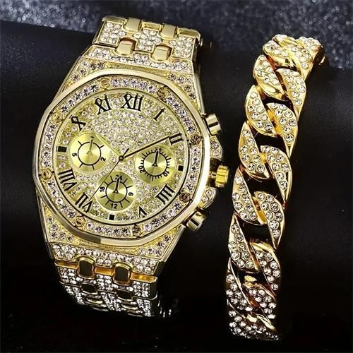 2PS Luxury Men's and Women's Watch Bracelet Full Crystal Gold Casual Quartz Watch Bracelet Men's and Women's Stainless Steel Watch Roman Bracelet