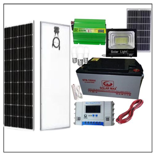250Watts Solar panel all weather +100ah solar battery +600Watts solar power imnverter +20ah solar charge controller +3 Dc bulb +Extension +5m red,5m black cable+Free 100 Watts solar floodlight