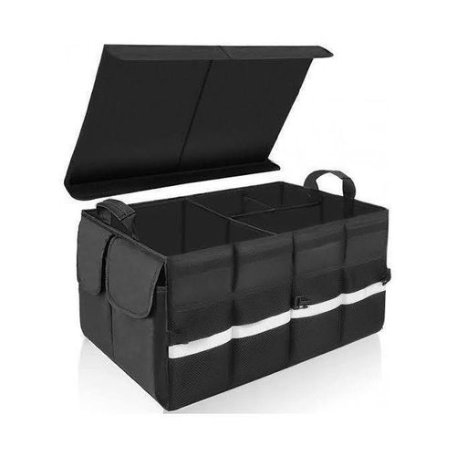 Car boot organizer, Car Trunk Storage Box, Large Capacity Auto Cargo Organizer, Foldable Multi-compartment Design with a Cover, Space-saving Interior Storage Accessories, for Daily Driving, Camping and Travel, for Cars, SUV, Mini van, Size 60X32X24 CM