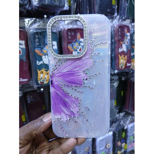Luxury Marble Butterfly Rhinestone Glitter Case for iPhone 12 Pro – Modern Executive Clear Silicone Protective Cover – Purple Edition