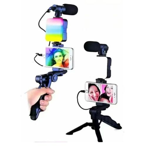 AY-49RGB Video-Making Kit RGB LED Fill Light Noise-Canceling Microphone Tripod Smartphone Holder Complete Vlogging Content Creation Set