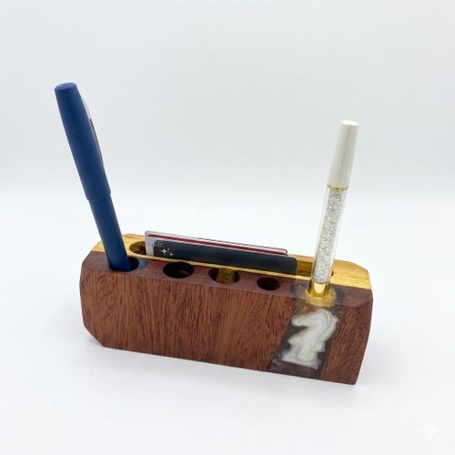 Handcrafted Muvule Mahogany Desk Organizer Epoxy Resin Knight Inlay Executive Pen Card Holder