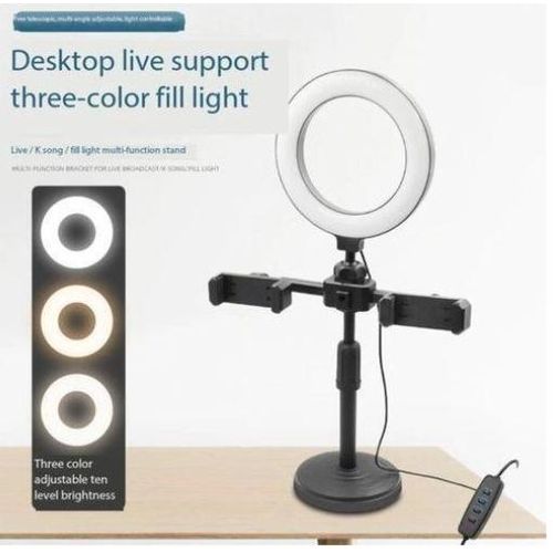 Desktop Phone Stand with 16CM Ring Light // ringlight // 6-inch 16CM Beauty Wired Ring Fill Light Live Streaming Table Desktop CellPhone Stand With Dual Mobile Clips Phone Holder