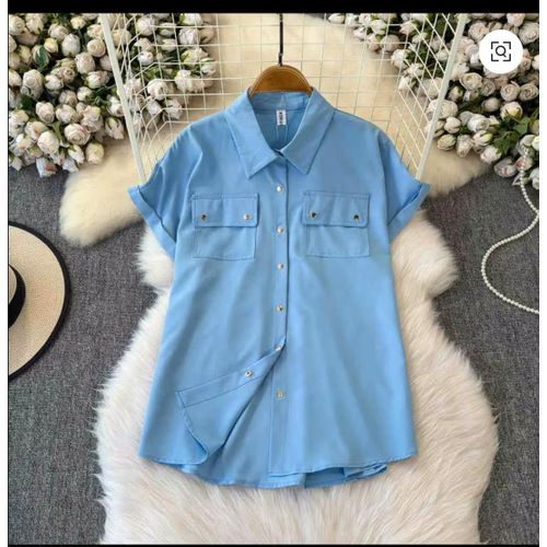Classic Sky Blue Short Sleeve Button-Down Shirt for Women – Casual & Office Wear