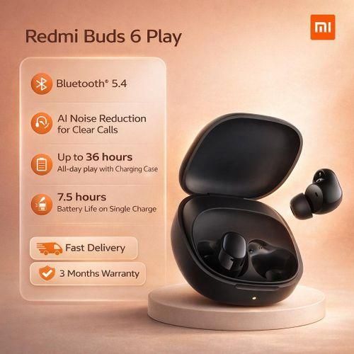 XIAOMI Redmi Buds 6 Play, Active Noise Cancellation, Up to 36 hours of all-day play with charging case Battery life on a single charge 7.5 hours Bluetooth® 5.4 AI noise reduction for clear calls, Lightweight