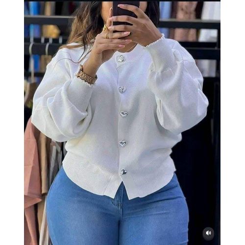 Stylish and Comfortable Ladies' Heart-Button Knitted Sweater Top (WHITE) – Long Sleeved