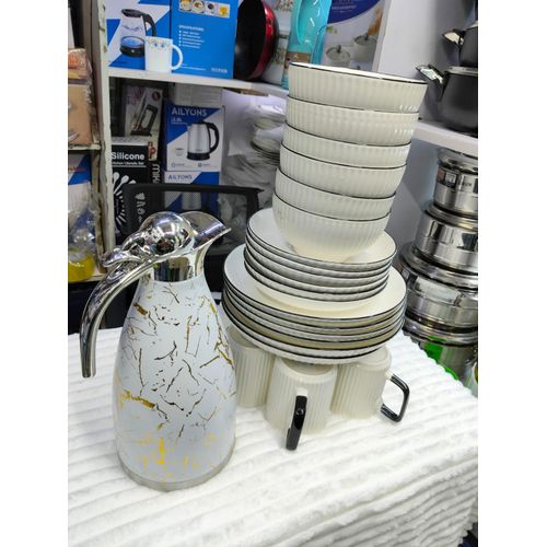 25-Piece Ceramic Dinner Set with Flask – Plates, Bowls, Cups & Big Plates