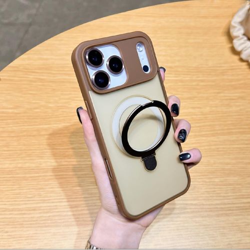 Brown Matte Magnetic Ring Stand Case + Camera Metal Lens Protector, Shockproof Translucent Slim Phone Cover Case for iPhone 17 Pro Max