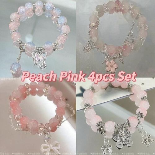 Women's 4Pcs Peach Pink Beaded Bracelet Set