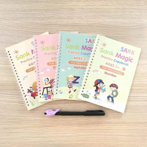 : Sank Magic Practice Copybook for Kids - 4 Pack Reusable Handwriting Workbook Set with Magic Pen - Alphabet, Number, Math & Drawing Exercise Books for Preschoolers