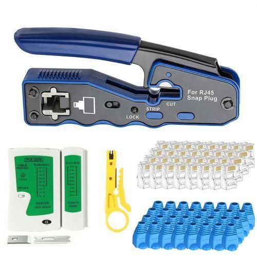 RJ45 Crimp Tool Kit ,All-in-One Ethernet Crimper with 50 pair Cat6 RJ45 Pass Through Connector and Connector Boots, Network Cable Tester