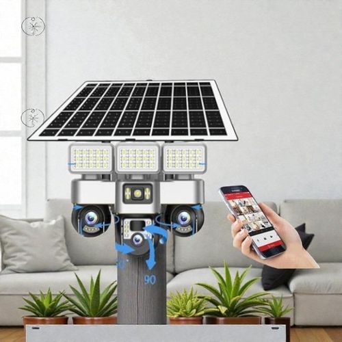 Easy To Install Solar Powered For Homes And Businesses 12MP 4G PTZ Rotating Triple Lens Two In One V380 Pro 12MP 4G Sim card PTZ Rotating Three Triple Lens screens Outdoor Security Solar CCTV Camera with High Brightness Led Solar Flood Light