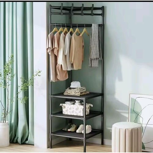 Multifunctional Metallic Corner Coat Hanging Rack 3 Layer L Shaped Space Saving Organizer 185cm Tall Durable Metal Frame Clothes Stand Storage Shelf for Entryway Bedroom Office Home Use