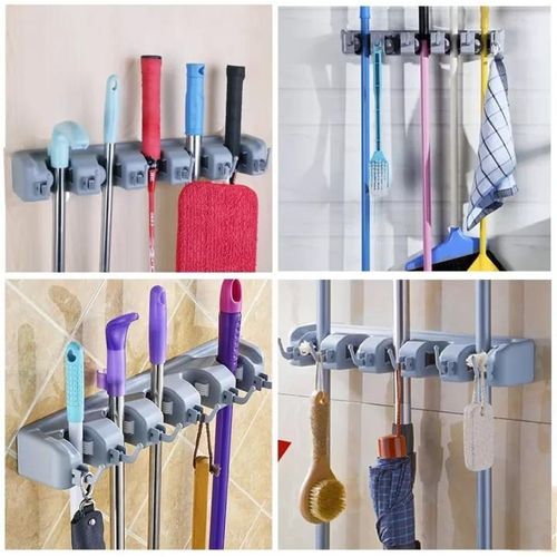 Aiky Mop Broom Holder Wall Mount Heavy Duty Non-Slide 5 Slots with 6 Hooks Laundry Room Organizer Rack Garden Tool Kitchen Cleaning Supply Organization Storage Hanger Grey