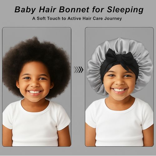 Girls Satin Hair Bonnet Kids Satin Bonnet Sleeping Cap Silk Cap Baby Bonnet With Black Tie Band-GREY