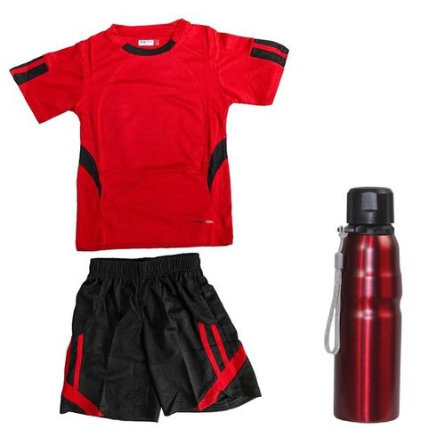 Boy's red and black sports kit athletic set with top,pants and 750ml bottle