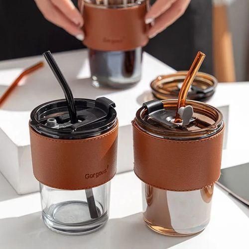 300ml Classy Smoothie Cup With Straw And Leather Cover