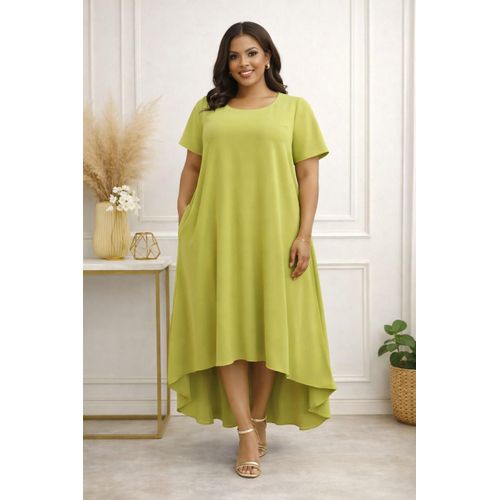 Green Yellow VERO MODA High Low O-neck Women Plain A-shaped Midi Dress
