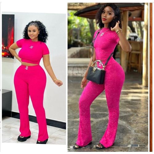 Stylish & Elegant Trendy Women’s Stretchy Two-Piece Lounge & Casual Set with Matching Crop Top and Hipster Style Wide Base Pants - Pink