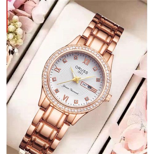 Premium ORUSS Womens Stainless Steel Timepiece Featuring Day and Date Calendar and Battery Movement