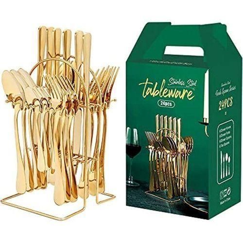 24 Pieces Stainless Steel Flatware Set with Stand, Cutlery Set Mirror Polished, Service for 6, Include Knife/Fork/Spoon/Teaspoon