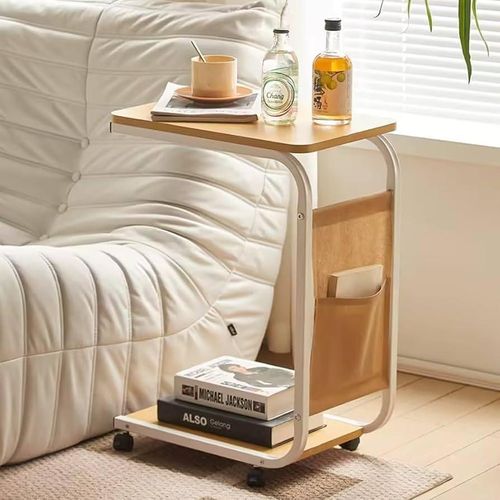 Multi-Purpose Rolling Side Table with Fabric Storage Pocket