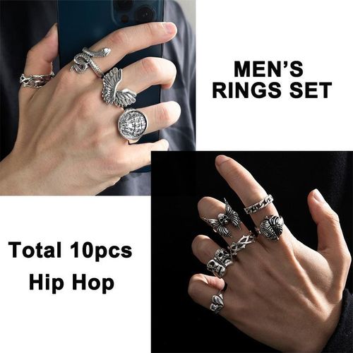 Hip Hop Rings Sets for Men Punk Style Metal Ring 10pcs- Silver