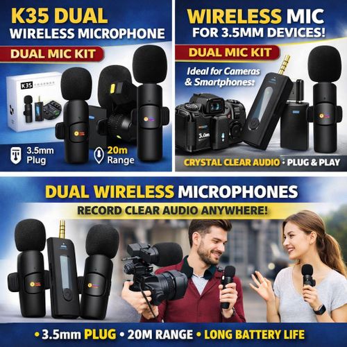2 IN 1 Wireless Lavalier Mini Microphone Dual Mic with Universal 3.5mm Jack Receiver - Crystal Clear Audio for Vlogging, Podcast & YouTube Content - Widely Compatible Smartphones & Laptops