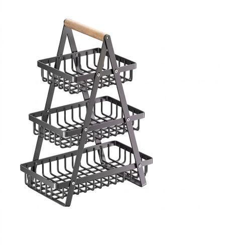 3-Tier Foldable Metal Fruit Rack with Wooden Handle – Space Saving Kitchen Storage