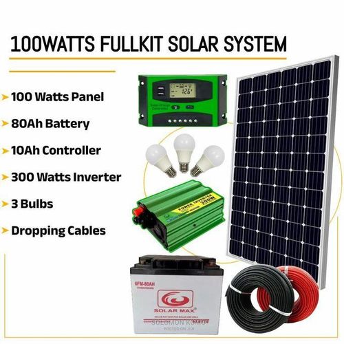 100 Watts Solar Panel Special All Weather Fullkit 80AH Battery 300Watts Solar Inverter 10 Ah Charge Controller3 bulbs dropping cables