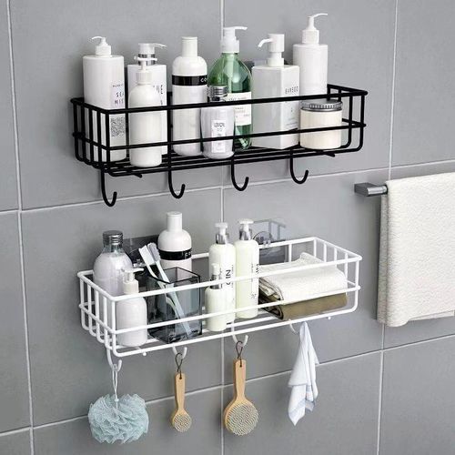 Punch-Free Wall-Mounted Metallic Bathroom Shelf Storage Rack with Hooks – Multipurpose Organizer for Kitchen, Bathroom & Bedroom
