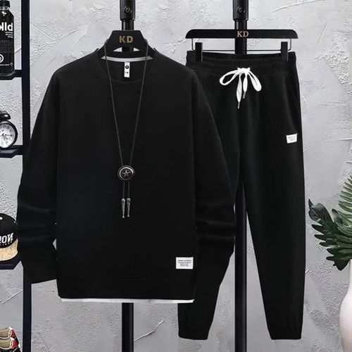 Mens 2 Piece Sweatsuits Set Waffle Long Sleeve Sweatshirt Jogging Sweatpants Tracksuits Outfits With Logo Patch Black